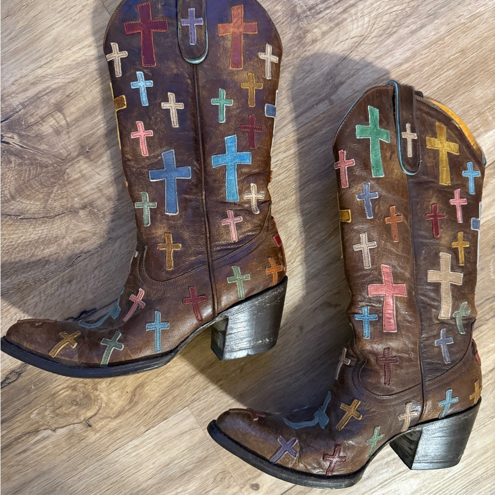 Colorful Cross Embellished Cowboy Boots